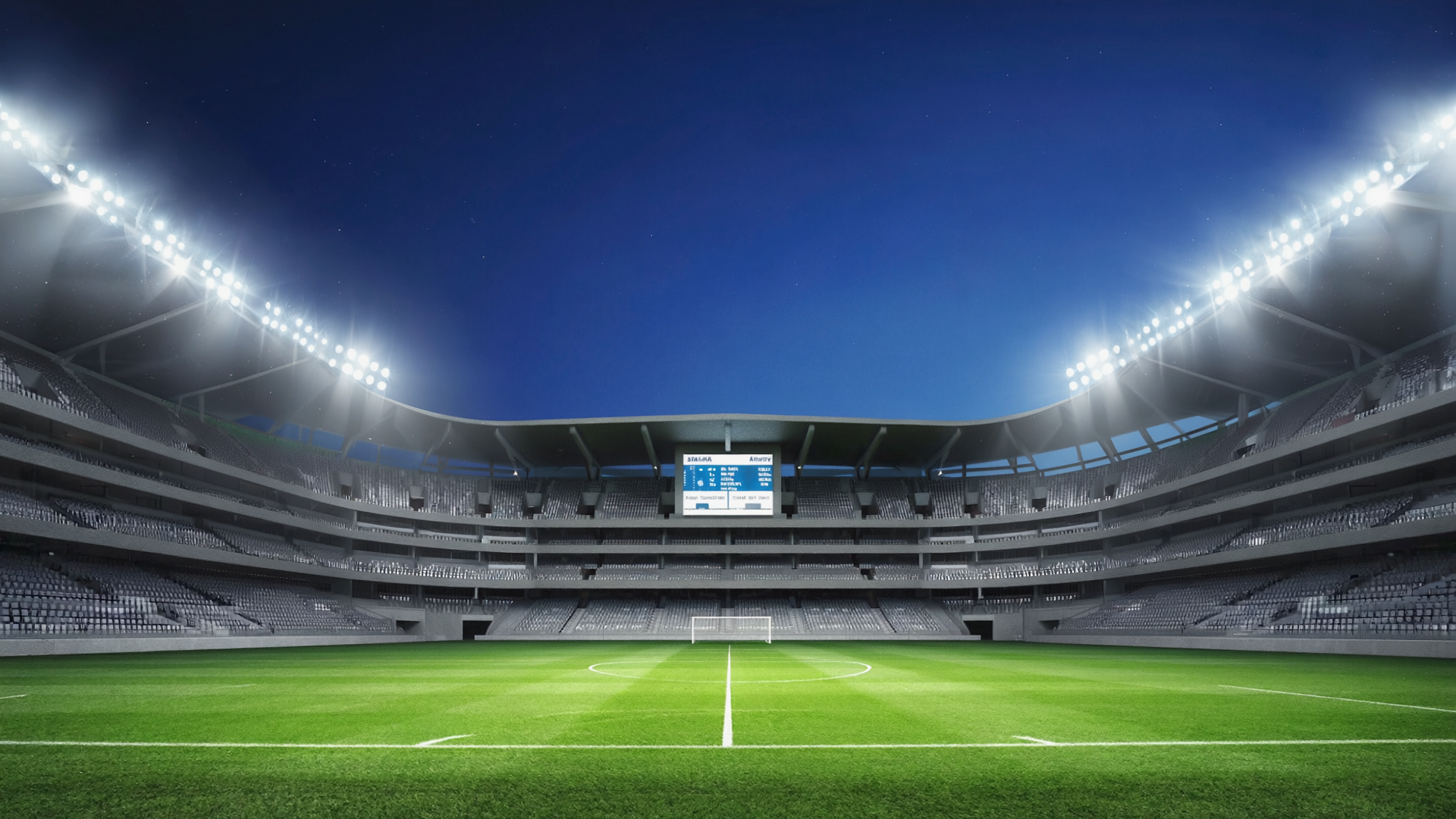 Leeres Fußballstadion mit Flutlicht — Bühne der internationalen Berichterstattung.